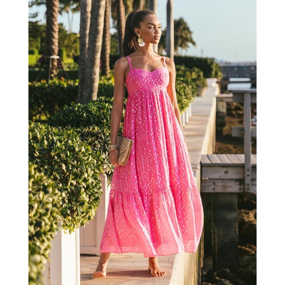 Lilly Pulitzer Hiedi Maxi Dress in Aura Pink/Viscose Metallic Clip NWT - Size 6